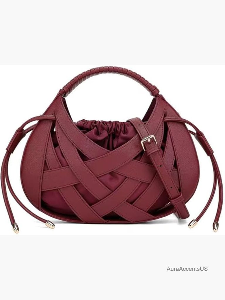 Woven Crossbody Bag Semicircle Boho Vegan Leather Drawstring
